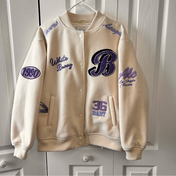 Alcott Women’s White Bunny Purple Patches Bomber Varsity Jacket Size Small Lined - Picture 2 of 12